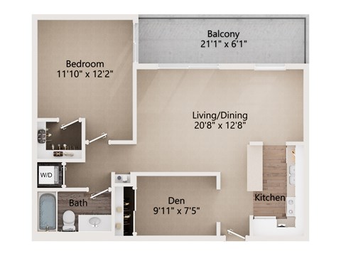 Floor plan for 1 bed, 1 bath, 767 sqft